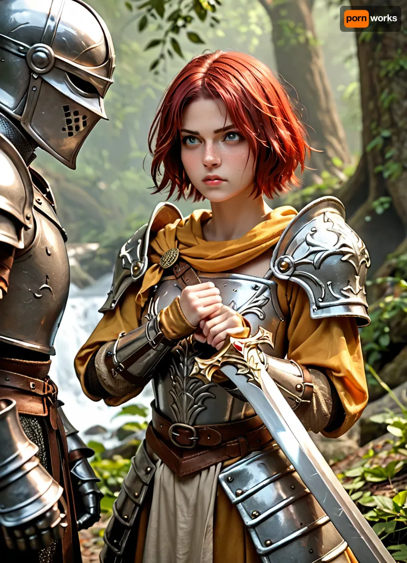 young female knight with short red hair and freckles, wearing dark souls style armor with no helmet and green fabric, standing up, instead of a sword she has a keyboard, fighting a monster, the female knight has a cute but determined look on her face, her coat of arms is a coffee mug, <lora:Adachi_XL:1.7>