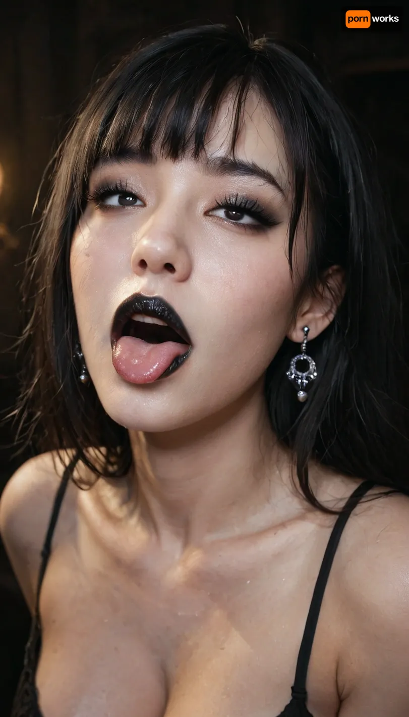 gothic, goth, (asian), pale skin, dark black eyes, black hair, bangs hair, black eyeliner, (black lipstick), white skin, perfect eyes, small eyes, detailed eyes, small nose, good anatomy, fake breasts, slut face, whore, (ahegao:1), sexy posing, dynamic, lighting, <lora:Dynamic_Lighting_by_Stable_Yogi_SDXL3_v1:1>