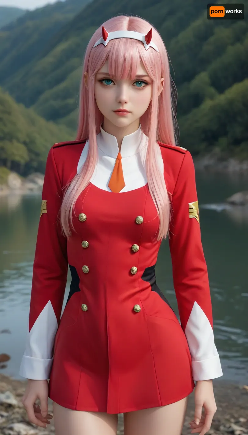 background is an lake, zero, two, zero two of darling in the franxx, (darling, in, the, franxx), (uniform as accurate as possible with Zero Two from Darling in the franxx), 1girl, solo, pink, hair, green, eyes, posing, <lora:zerotwo4-zerotwo4-000009:2>, <lora:681678_training_data:.8>