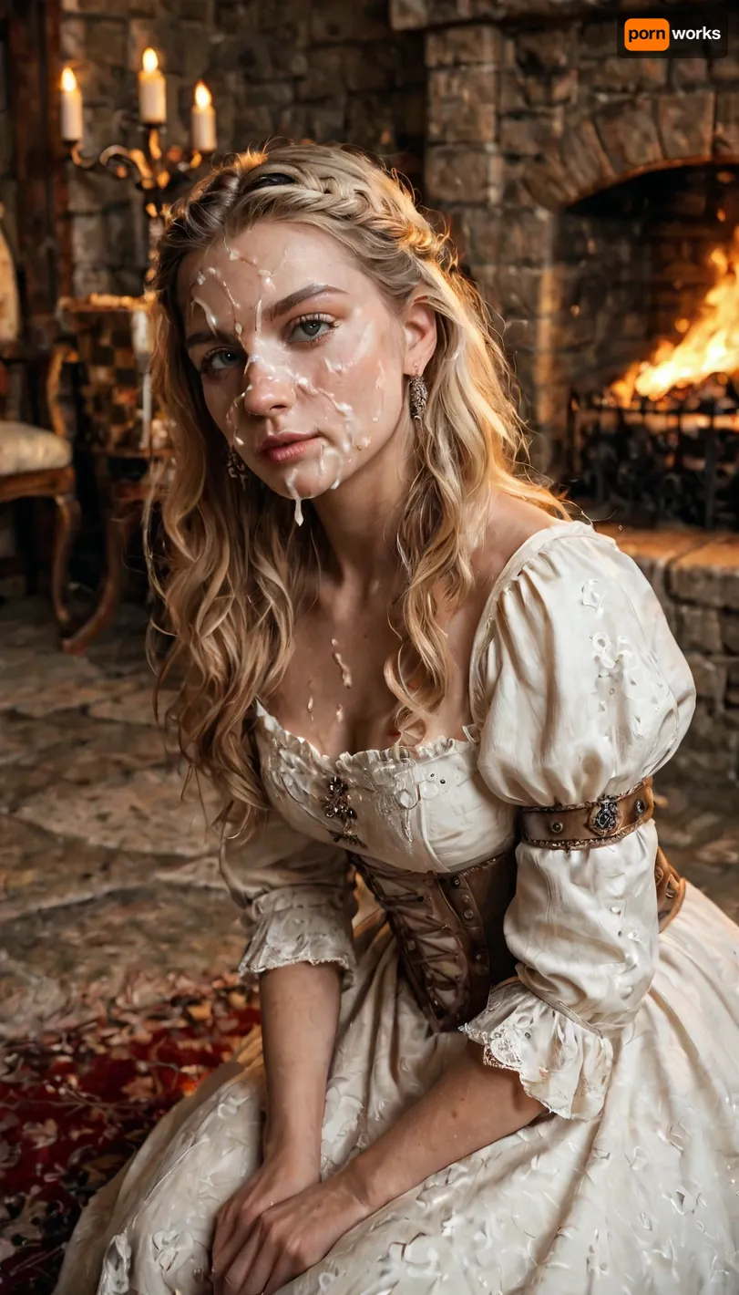 A medieval noblewoman, petite, blonde, sits in her chamber in a castle, medieval dress, near a fireplace, cum on her face, (facial), cumshot. masterpiece, hd, photorealistic.