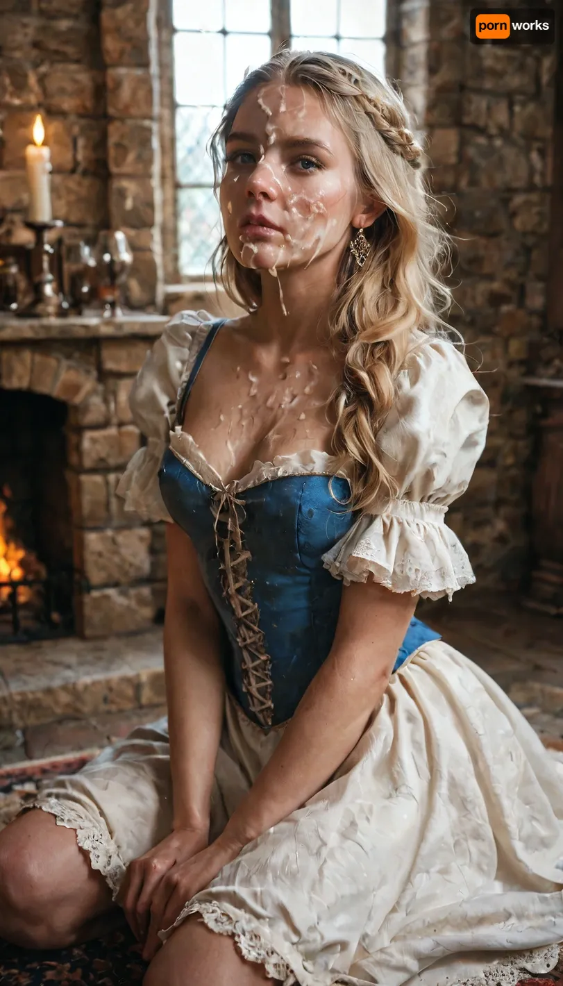 A medieval noblewoman, petite, blonde, sits in her chamber in a castle, medieval dress, near a fireplace, cum on her face, (facial), cumshot. masterpiece, hd, photorealistic.