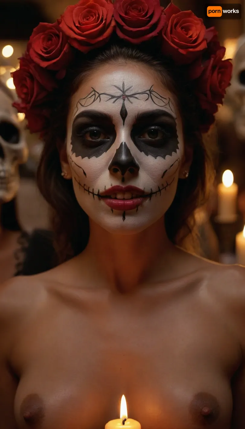 Multiple women, Group of Busty naked Mexican women in a public street with catrina face painting, no clothes, D14, D3, L0s, Mu3rt0s, female, painted, skull, roses, candles, pulled back zoom, full body view, masterpiece, 32k, very detailed, atmospheric lighting, perfect lighting, perfect centered, ultra realistic, phitorealisn, perfect anatomy, peferct teeth, perfect eyes, realistic skin structure, <lora:Día_De_Los_Muertos:1.5>