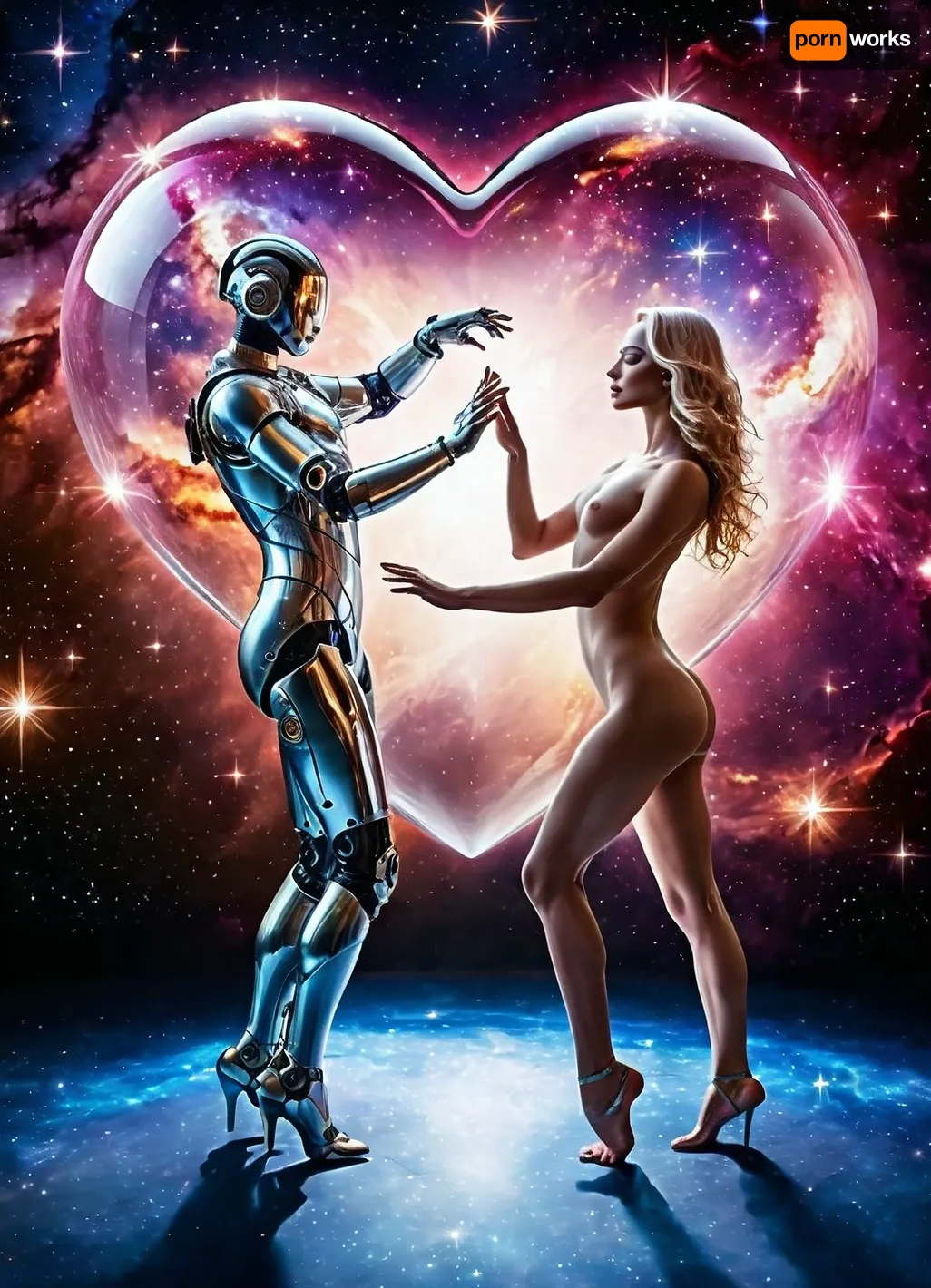 Two cyborg androids, ((male and female androids:1.4), (cyborgs:1.6), ((mechanical cybernetic metal bodies)), (deep space:1.3), stars and nebulae, ((passing a huge glass heart to each other)), (heart with galaxy inside:1.4), (nude:1.5), (dancing:1.6), ((beautiful dynamic dance moves)), full length photo, closeup, side view.)