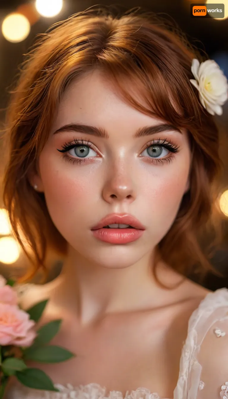 ziprealism, (avant-garde fashion esthetic, professional portrait), (f/2.8, f2.8, f28, (shallow depth of field), , , soft bokeh, layered composition, face closeup, tight closeup, shot in profile, focus on eyes:1.4), (vibrant auburn hair with coppery highlights, short hair, swept-back hairstyle, flowers in hair), (catchlights, limbal rings, large expressive eyes, stunning eyes, long delicate eyelashes, perfect eyes), (full lips, soft lips, moist lips:1.2), (white waterline eyeliner, doe-eye makeup, soft blush, soft facial features), (adoration, loving gaze, in love), (porcelain skin), (subtle freckles, subtle skin imperfections:.4), <lora:MJ52:.8>, igbaddie, <lora:igbaddie-XL:.4>