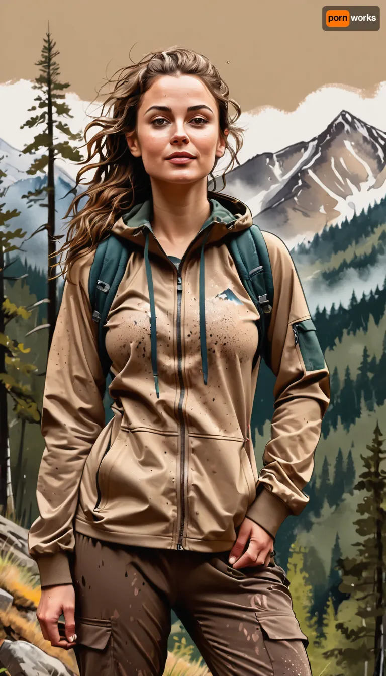 concept art, sketch of a young woman, gymnastic body, dressed cute brown hiking clothes, ((hiking pants)), ((hiking jacket)), (((tease blushing)), wet wild hair, raised nasal tip, cute eyes, ink sketch, (((Forrest and mountains on back ground))), highres, ink splatter, abstract art, cream colored paper)