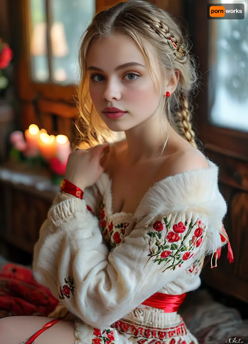 (masterpiece, best quality, ultra-detailed, photorealistic, HDR, extreme close-up portrait, face centered in the frame, direct eye contact with viewer, every feature in the sharpest focus, soft cinematic natural light), female, 18 years old, Irina, Russian, with exceptionally cute, sweet, and youthful Slavic appearance, delicate symmetrical facial structure, flawless luminous fair porcelain skin with gentle natural rosy flush, softly rounded youthful jawline and small oval chin, high softly contoured cheekbones with warm pink blush and subtle radiant highlights, refined small nose with slightly upturned tip, very large expressive round light blue-gray eyes, defined limbal rings, naturally elongated outer corners, ultra-long upward-curled dark blonde lashes, softly arched natural dark blonde brows with gentle fullness, tiny beauty mark above the left upper lip, softly blushed cheeks, (extremely full, heart-shaped, ultra-glossy, plump natural lips:1.5), lips painted in gentle cherry pink gloss, parted in a shy inviting smile showing a hint of even white teeth, eyelids with light silvery shimmer, classic thin winged eyeliner, very subtle shadow, every eyelash and brow hair precisely rendered, soft wisps of hair along the hairline, (flawless, ultra-long, straight natural golden blonde hair, loose and flowing down past her waist, framing her face, styled in a simple braid with traditional Russian red and gold ribbon:1.2), expression radiates innocence, warmth and genuine Slavic charm, pronounced hourglass figure, (very large natural round soft breasts:1.3), ultra-narrow sculpted waist, (fully revealed navel and bare waist, upper part of her wide hips and soft thighs gently visible:1.2), dressed in a cozy off-shoulder cream-colored woolen crop sweater with red folk embroidery, extra deep rounded neckline emphasizing natural cleavage, ultra-short red and gold patterned knit mini skirt low on hips, sheer premium nude over-the-knee stockings, white fur-trimmed felt boots with red embroidery, simple gold earrings, red-gold thread bracelet, delicate pearl necklace, seated comfortably on a fluffy white fur rug in front of a traditional Russian tiled stove, holding a hand-painted mug of hot berry tea, surrounded by soft fur throws, patterned pillows, carved wooden décor, glowing candles, sunlight streaming through frosted wooden windows with view on snowy birch trees, pure Russian winter coziness, every facial feature and all details perfectly and sharply rendered, five distinct non-fused fingers on each hand, <lora:MJ52:1>, <lora:SDXLHighDetail_v6-000005:.8>, <lora:Microwaist_XL_v01:.8>