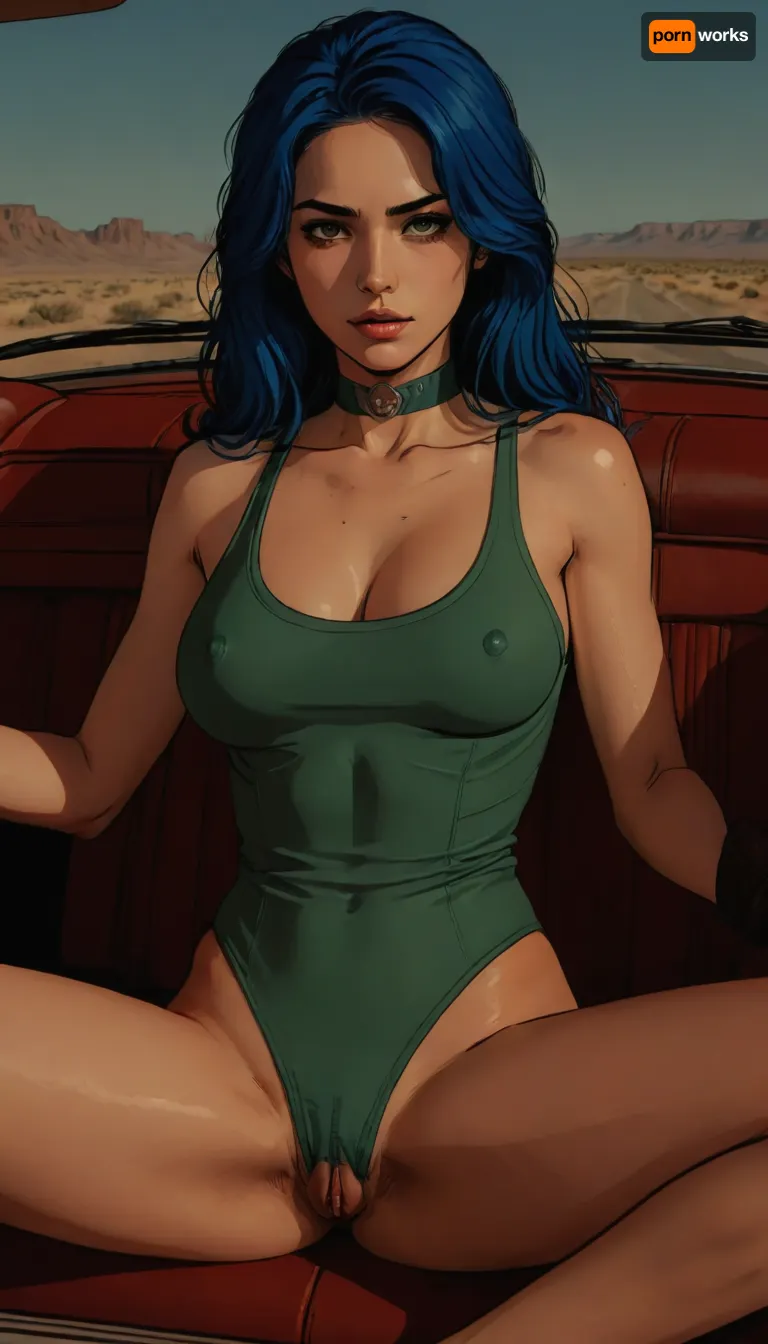 score_9, score_8_up, score_7_up, source_anime, woman sitting on driver's seat of old ford mustang, (A detailed anime drawing with clean lines and meticulous shading, flat colors, line art, no gradients, blue and green palette), realistic anatomy, western style desert, wasteland, detailed face, (Jean, Giraud), lineart, ratatatat74, <lora:outline_xl_kohaku_delta_spv5x:1.1>, <lora:lineartSDXL:.8>, <lora:ratatatat74-000050:.8>