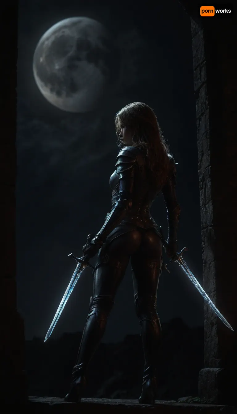 Score_9, score_8_up, Female Moon Night Hunter, standing near a medieval castle stone wall, lean to the wall, (put ass back), bending over, glowing eyes, dynamic pose, mid-motion, shoulder armour plates, throwing daggers on waist belt, steel underboob armor, tight latex leggings, night, moonlight, chiaroscuro lightning, side view, hood, full moon, Dual Moon Swords, <lora:detailed_notrigger:.8>, <lora:dark:.8>, <lora:XL_Weapon_Dual_Swords_-_By_HailoKnight:.8>, <lora:1281424_training_data:.8>