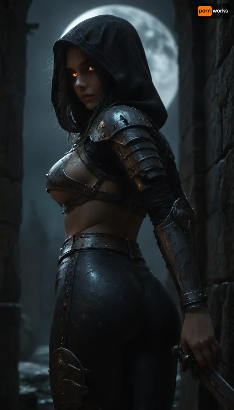 Score_9, score_8_up, Female Moon Night Hunter, standing near a medieval castle stone wall, lean to the wall, (put ass back), bending over, glowing eyes, dynamic pose, mid-motion, shoulder armour plates, throwing daggers on waist belt, steel underboob armor, tight latex leggings, night, moonlight, chiaroscuro lightning, side view, hood, full moon, Dual Moon Swords, <lora:detailed_notrigger:.8>, <lora:dark:.8>, <lora:XL_Weapon_Dual_Swords_-_By_HailoKnight:.8>, <lora:1281424_training_data:.8>
