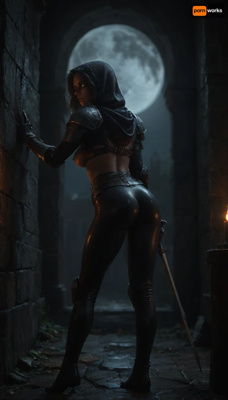 Score_9, score_8_up, Female Moon Night Hunter, standing near a medieval castle stone wall, lean to the wall, (put ass back), bending over, glowing eyes, dynamic pose, mid-motion, shoulder armour plates, throwing daggers on waist belt, steel underboob armor, tight latex leggings, night, moonlight, chiaroscuro lightning, side view, hood, full moon, Dual Moon Swords, <lora:detailed_notrigger:.8>, <lora:dark:.8>, <lora:XL_Weapon_Dual_Swords_-_By_HailoKnight:.8>, <lora:1281424_training_data:.8>
