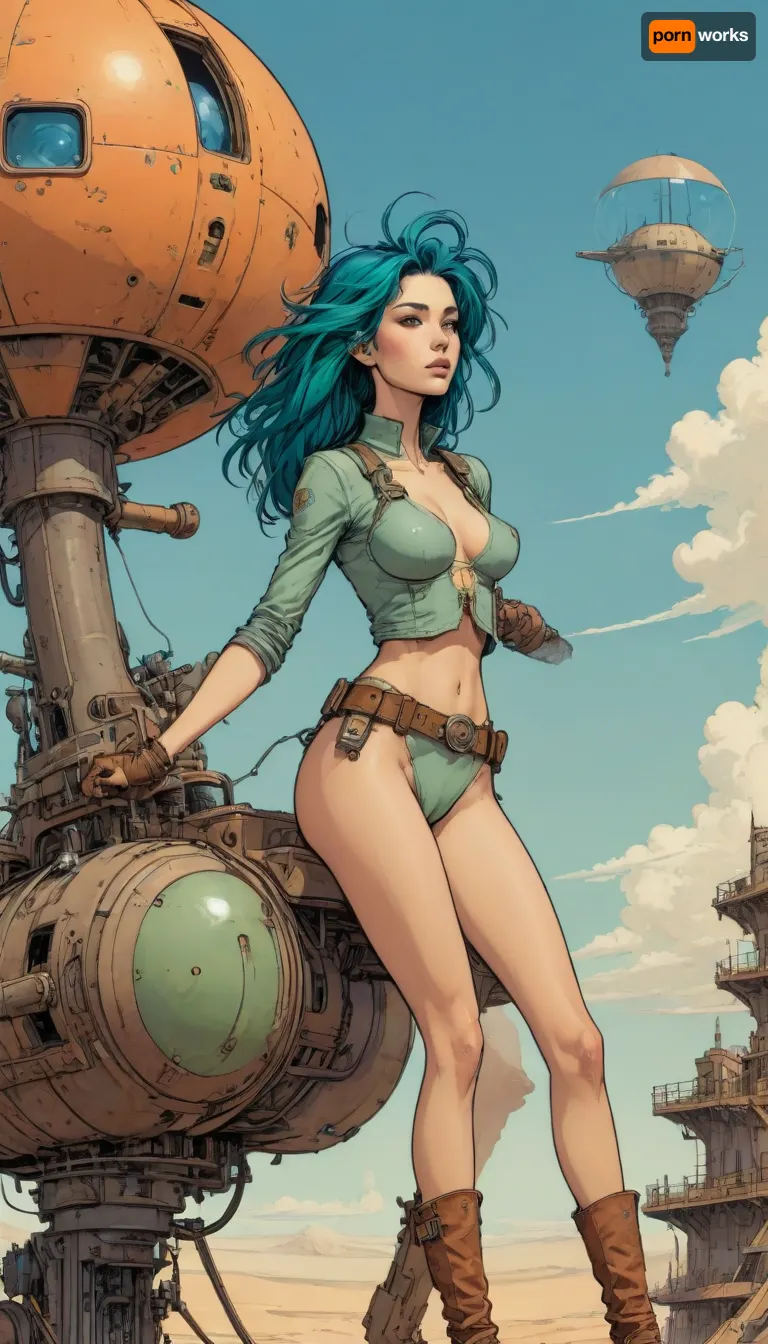 score_9, score_8_up, score_7_up, woman flying high on a mechanical bird machine, (A detailed drawing with clean lines, flat colors, line art, no gradients, green and blue and orange palette), realistic anatomy, wind-swept hair, steampunk, deset wasteland, clouds, sand storm, desert city down below, Moebius, detailed face, (Jean Giraud), page, lineart, <lora:Moebius (Jean Giraud) Style:1>, <lora:outline_xl_kohaku_delta_spv5x:1.1>, <lora:lineartSDXL:.8>