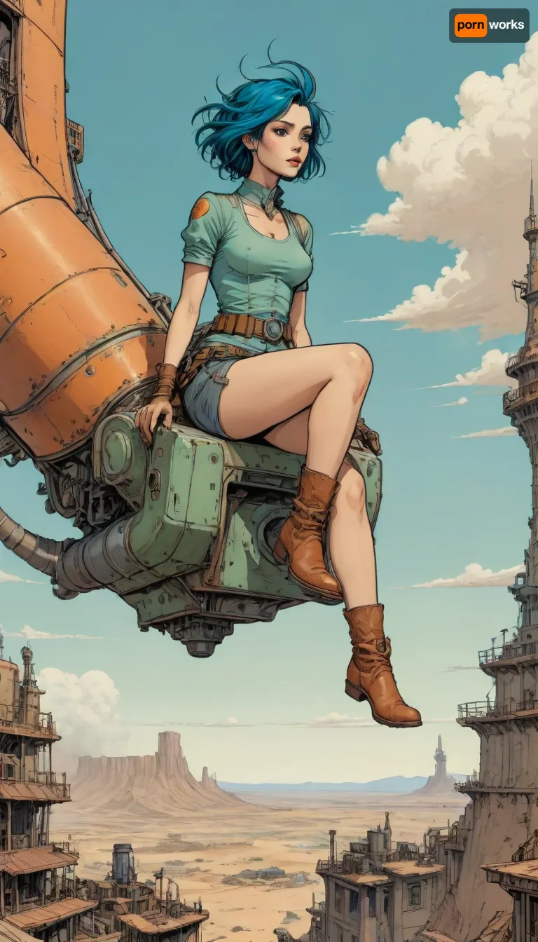 score_9, score_8_up, score_7_up, woman flying high on a mechanical bird machine, (A detailed drawing with clean lines, flat colors, line art, no gradients, green and blue and orange palette), realistic anatomy, wind-swept hair, steampunk, deset wasteland, clouds, sand storm, desert city down below, Moebius, detailed face, (Jean Giraud), page, lineart, <lora:Moebius (Jean Giraud) Style:1>, <lora:outline_xl_kohaku_delta_spv5x:1.1>, <lora:lineartSDXL:.8>
