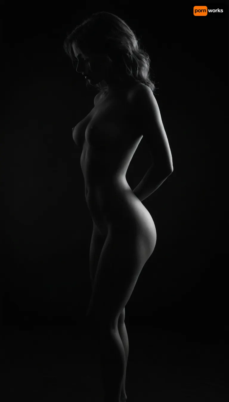 dark background, girl silhouette, sexy poses, nude perfect body, monochrome, realistic, 4k, high quality, art