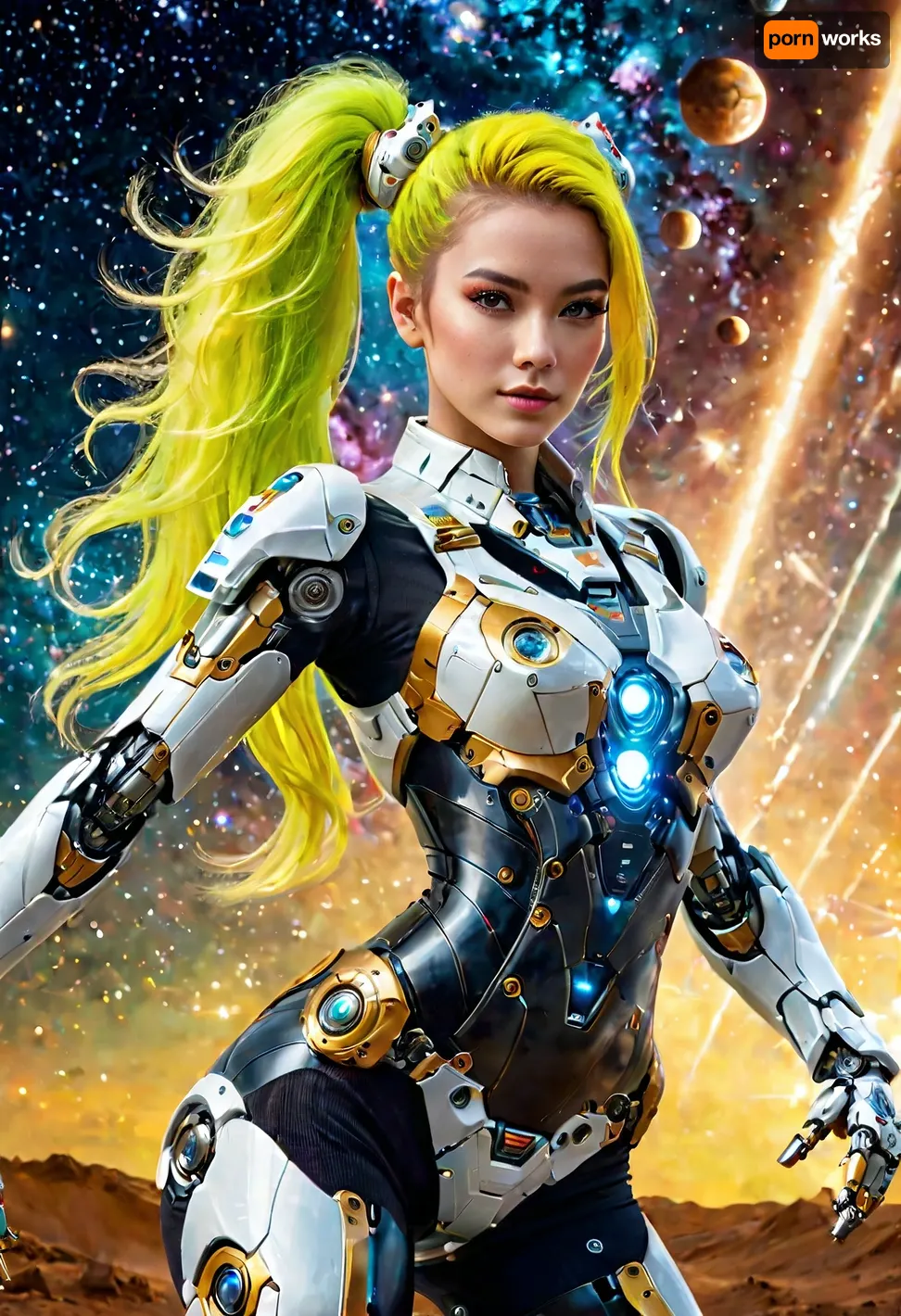 Realism, Gorgeous android woman, (((full body in picture dancing pose with hands))), ((android mecha body parts costume:1.3)), best quality, photorealism, intricate details, realistic face, detailed face, full view, sfw, ((dancing:1.2)), ((cosmos galaxy nebula planet background)), perfect picture, ((neon yellow glowing hair)), ((twin tails hair with drills)), masterpiece, professional photography, high quality, ultra detailed, UHD 8K, extreme realism, <lora:add-detail-xl:2>, eyes, blue, perfecteyes, <lora:PerfectEyesXL:.5>, maximum detail, <lora:compb0t:.5>