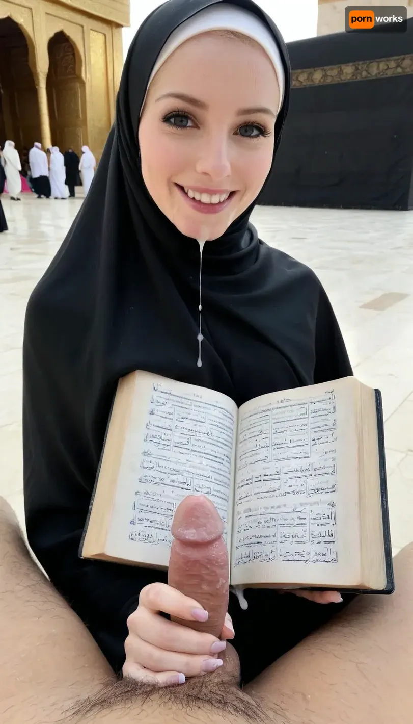 hijab girl, very hairy dick pov, smile, holding dick, reading quran, pale skin, skinny, in front of kaaba, cum dripping