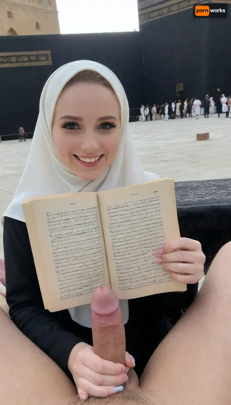 hijab girl, very hairy dick pov, smile, holding dick, reading quran, pale skin, skinny, in front of kaaba