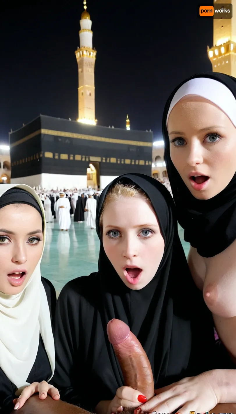 Black man flashing dick, in front of kaaba, pale skin hijab girls shocked