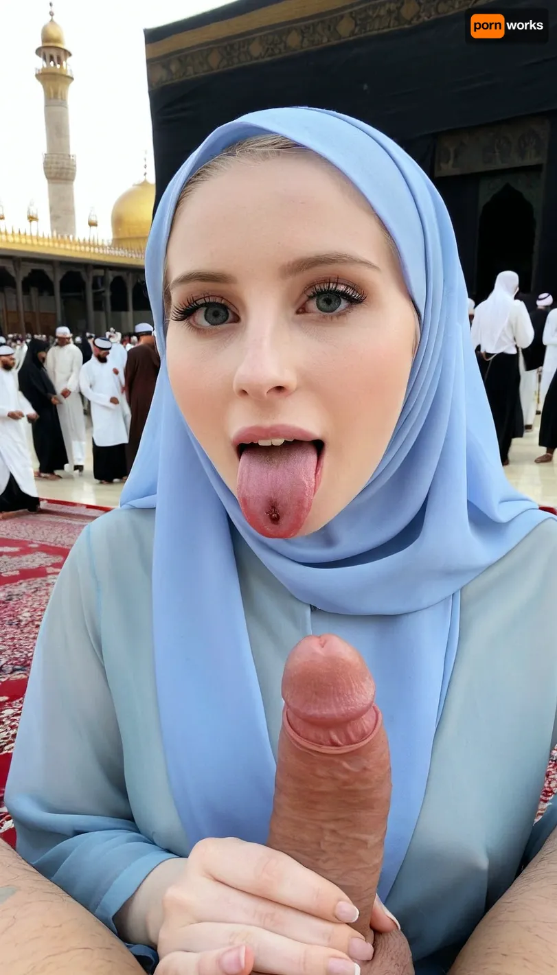 Transparent hijab, one hand on tounge, tounge out, sitting, pale skin, holding man dick and looking dick, in front of kaaba, girl looking around