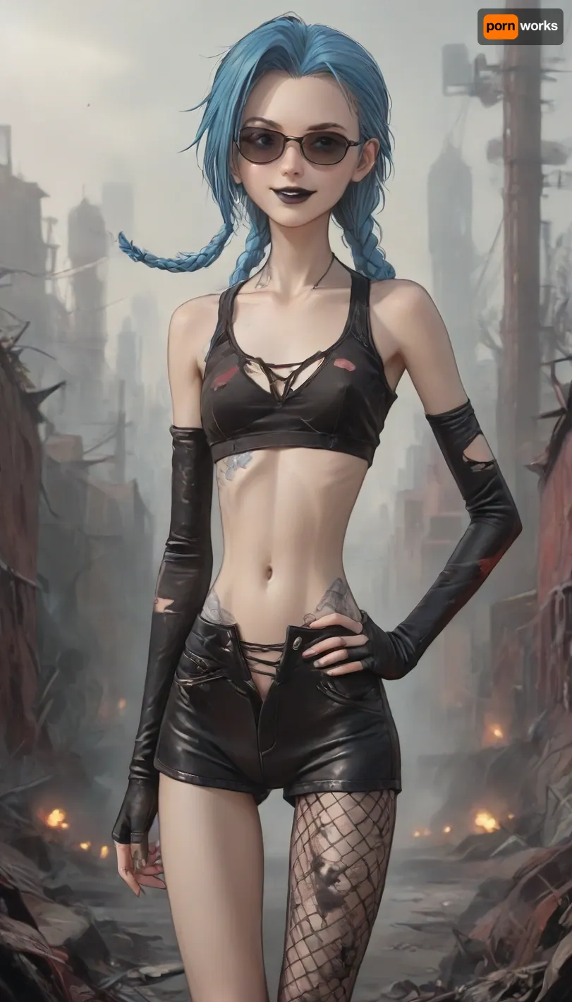 score_9, score_8_up, score_7_up, score_6_up, ((jinx:1.4)), (style anime:1.6), (inspired illustration, ratatatat74:1.6), (skinny:1.9), (small waist:1.9), (cute-innocent:1.4), big thick lips, (seductive:1.3), (dimples:1.3), (big leather elbow gloves:1.2), (slim legs:1.4), leather mini-shorts, (torn fishnet pantyhose:1.2), (apocalyptic background:1.5), (small unbuttoned open leather mini-tanktop:1.4), hand on hip, (flat chest), (long hard erect nipples), (fully black sunglasses:1.5), (bare belly:1.3), (smirk:1.3), (big thick lips:1.3), (sleeveless:1.2), (black lipstick:1.2), (blue hair), <lora:ratatatat74-000050:.6>, <lora:outline_xl_kohaku_delta_spv5x:2>, <lora:cartoon_stickers_xl_v1:.5>, <lora:NEOTOKIOXL_0.2_RC:.4>, <lora:AshMilkshake_Illustrious_v1:2>