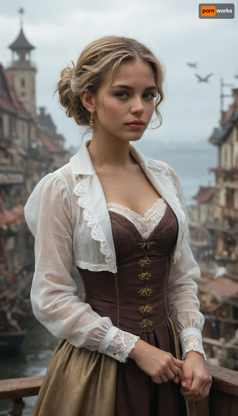 steampunk, girls, steampunk blonde girl, steampunk dark-skinned girl, detectives, on the deck of a steamer, picturesque steampunk village on the shore, English watercolor, haze, seagull in the sky