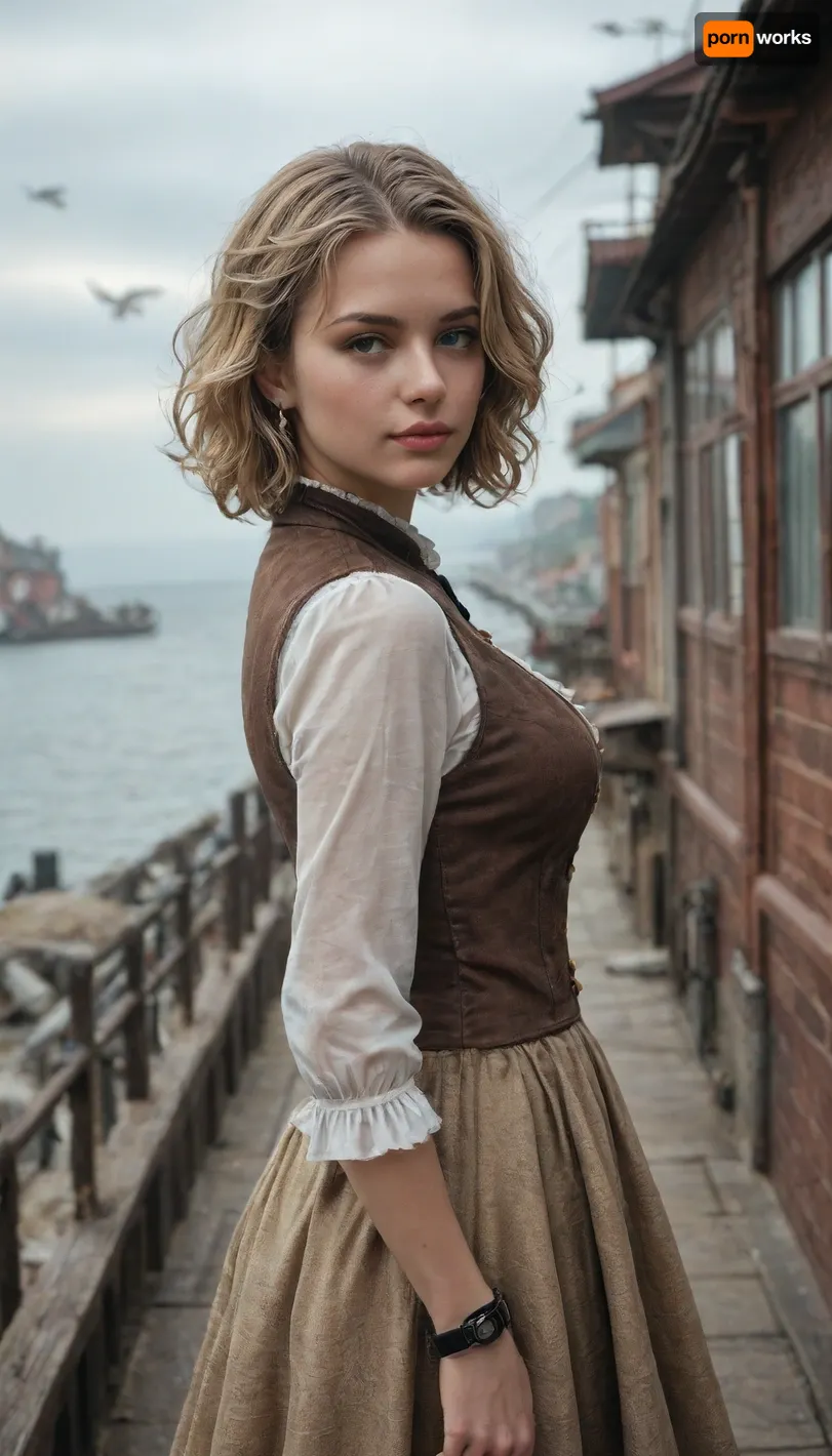 steampunk, girl, steampunk blonde girl, detective, on the deck of a steamer, picturesque steampunk village on the shore, English watercolor, haze, seagull in the sky