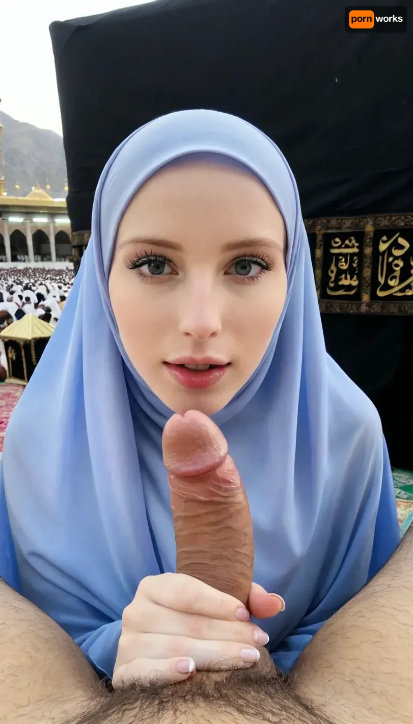 looking at man, tight hijab, in front of kaaba, skinny, pale skin, hairy pov, holding dick
