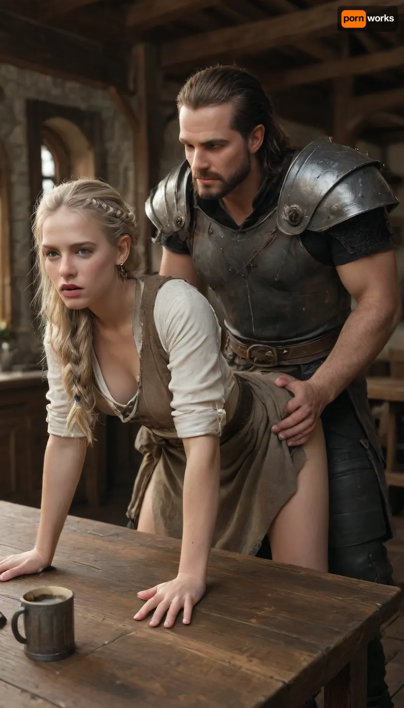 Doggystyle, Tense Young Dark Female albino Supreme Warrior for the God of Chaos and War in fearsome and also beguiling wealthy expensive ornamated pomp splendor pageantry magnificence opulence, sumptuousness heavy armor in very black and bright gold with piquant insights. One very elegant braided ponytail, the whole appearance radiates dominion rule reign dominance power control, Many fresh blood splashes from the slain opponents are on the face and on the armor, She moans her orgasm with lust and passion. Her eyes are in high pleasure. Bent over a table in a medieval tavern, Fucked in the ass rough by a noble male knight without pants behind her with a medium dick. Her war skirt is rolled up. Two mugs of beer with foamy head are on the dirty table.