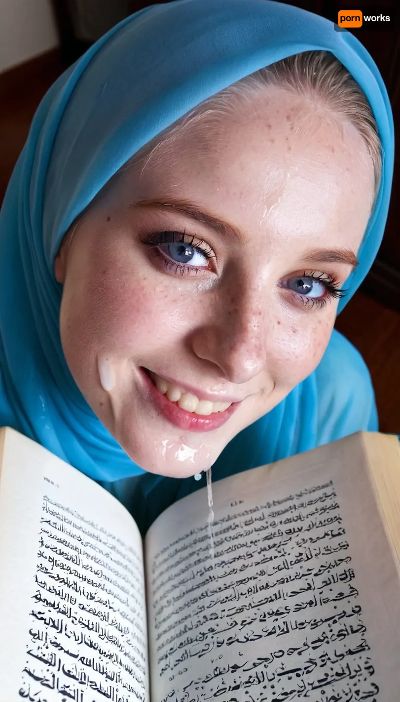 8k, Transparent hijab, reading quran, freckled pale skin, ultra detailed, blue eyes, cum dripping to quran, smile, cum on face, thick eyebrown