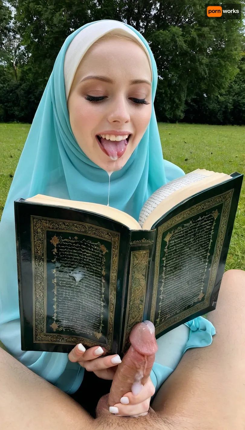 8k, ultra detailed, Transparent hijab, reading quran, pale skin, man dick, cum on quran, laughing