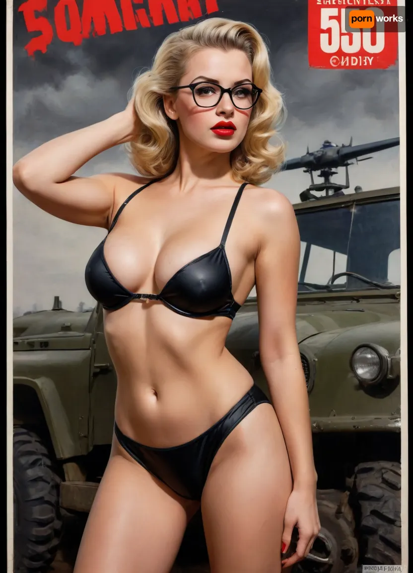 Pov photo, Instagram model face, blonde, bimbo, glasses, wet sweaty body, big text on poster, sweaty body, ((string bikini bottom)), sudeview, (((tight soviet uniform 50's))), (((old soviet military poster, pin up 1940's))), (((Pin up.b&w. Movie poster 1950's))), army Jeep in background, ((german army uniform)), stockings, fat red lips, Photography, photorealism, a beautiful army woman, tall, beautiful perfect figure, long hair, somenaked breast, pink Nipples, Knee-high boots, perfect tall legs, charming eyes, sad yet gracious face, dark background, fantasy art capturing the style of Aaron Horkey, Jeremy Mann and Luis Royo, body-focused composition from a low angle, alluring figure, dark fantasy, dynamic composition, black white photo 1950's, red lipstick, warm hues, showcases acrylic calligraphy, watercolor techniques integrated seamlessly into a maximalist masterpiece, detailed with gouache fluidity, golden hour light, hyperrealism, hypperrealistic, hyperdetailed, 64k, ultraHDR, Movie, Poster, page, panties, pulled, to, side, pussy, unshaved