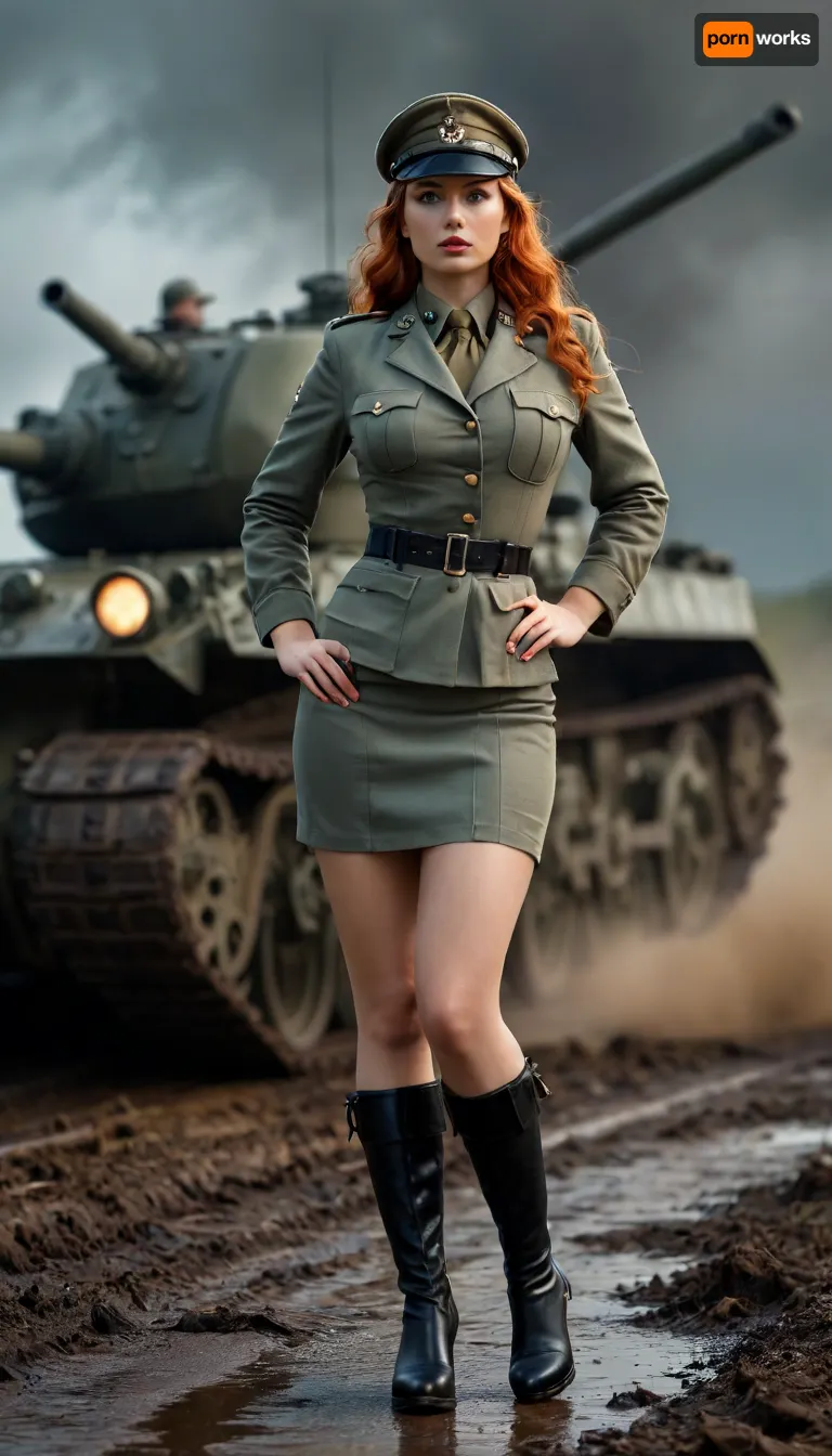 Uber realistic, 8k, ultra detailed, masterpiece, 1girl, beautiful busty female dieselpunk British officer, (world war, the great war, WW, WW2, World War 2), (large_breasts), (she is an incredibly beautiful woman with a athletic and voluptuous build, light skin, pale blue eyes and long, wavy light ginger hair), (she wears somewhat revealing clothes, consisting of a world war 2 british army uniform, black high-heeled boots and wears a officer hat on her head), (european field World War 2 battlefield with dieselpunk World War 2 tanks in background), cloudy, night, storming, action pose, random view angle, wet and muddy ground, detailxl, dark, chiaroscuro, low-key, <lora:add-detail-xl:.8>, <lora:style_lora_realis:.8>, <lora:zavy-cntrst-sdxl:.8>