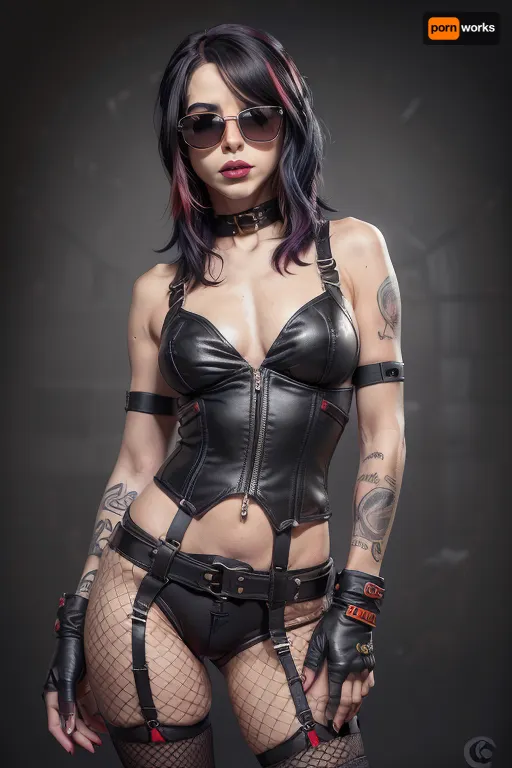 score_9, score_8_up, score_7_up, score_6_up, ((jinx)), (style realism), (inspired illustration, ratatatat74), (skinny:1.9), (small waist:1.9), (cute-innocent:1.4), big thick lips, (seductive:1.3), (dimples:1.3), (big leather elbow gloves:1.2), (slim legs:1.5), leather mini-shorts, (torn fishnet stockings:1.4), (apocalyptic background:1.5), (small unbuttoned open leather mini-tanktop:1.2), hand on hip, (flat chest:1.4), (long hard erect nipples:1.3), (fully black sunglasses:1.5), (bare belly:1.3), (smirk:1.3), (big thick lips:1.3), (sleeveless:1.2), (black lipstick:1.2), (red-blue hair:1.2), (multicolour hair:1.4)