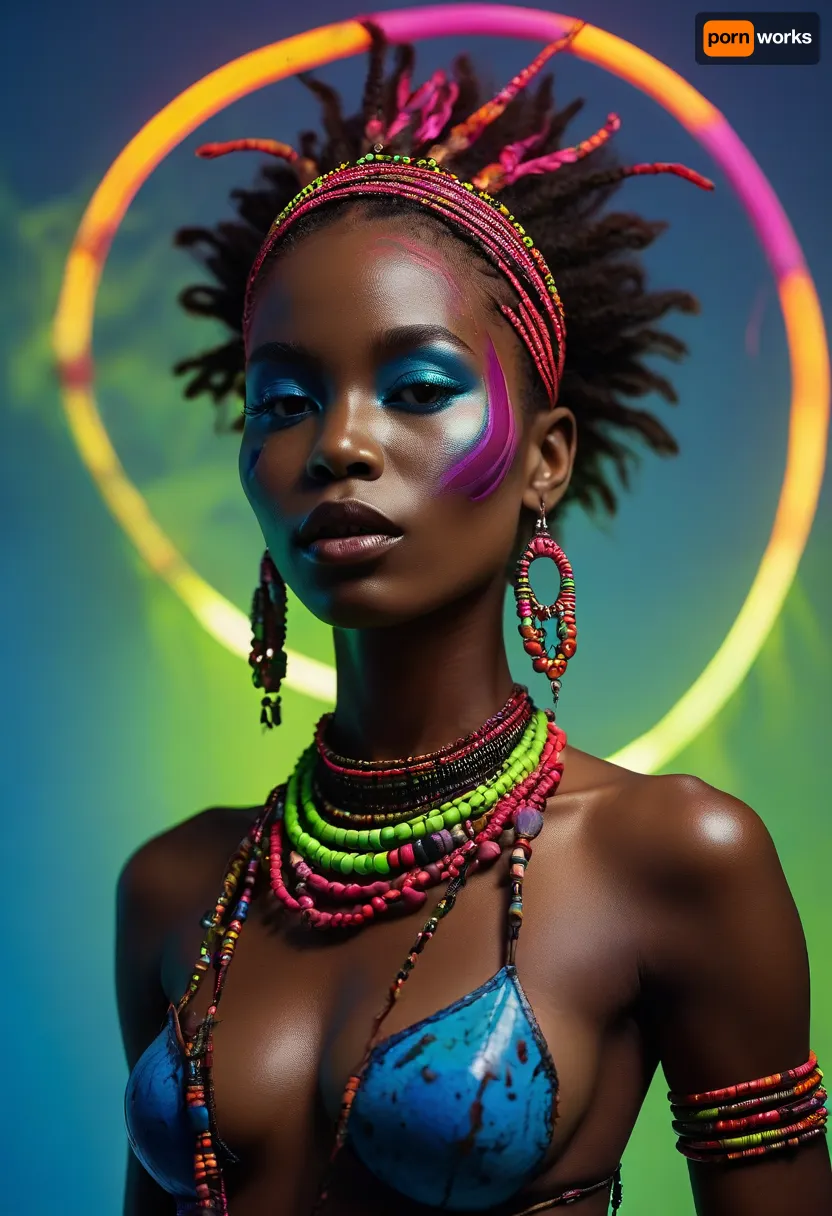 Studio photo cover of Vogue, West African shaman woman, natural pubic hair, fashion posing, dancing, stretching, side view, ass back, traditional bead necklaces, cowrie shell crown, large hoop earrings, leather and bead armbands, (ritual neon paint on face, bold geometric neon stripes across cheeks and forehead), (dynamic smoke wisps swirling around her body), neon body paint patterns, (electric blue, acid green, magenta), (rim light, neon lights, bright neon background, full moon), artistic nude silhouette, shot on Hasselblad, high fashion, 8k sharp focus, <lora:MJ52:.8>