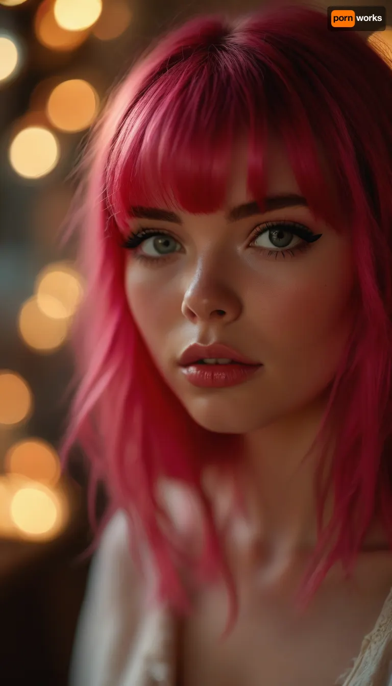 ziprealism, (avant-garde snapshot esthetic), (f/2.8 shallow depth of field, creamy bokeh, flattering upper body ahot, layered composition with subtle foreground, focus on lips:1.4), (vibrant pink hair, crisp straight hair, blunt bangs cut, thick voluminous hair:1.4), (catchlights, sharp contrasting limbal rings, large expressive eyes, stunning eyes, long delicate eyelashes, perfect eyes, slightly downturned eyes), (full lips, soft lips, moist lips, pouting lips), (white waterline eyeliner, doe-eye makeup, soft blush, soft facial features:1.4), (expression of playful mischief, teasing gaze, joyful, subtle sparkle in eyes, soft taunting grin), (porcelain skin, natural skin texture), <lora:MJ52:.8>, but, <lora:BUT_SDXL_SHS:.8>