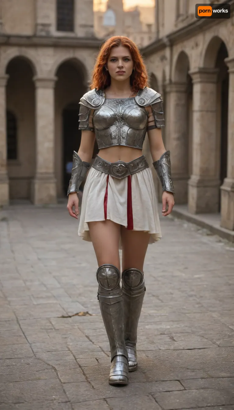 (ultra, HD, quality), A Roman legionary, wearing a Roman armor, armor is revealing, a Roman helmet, destroyed armor, medium breasts, long red hair, walking down a street in Rome, sunset
