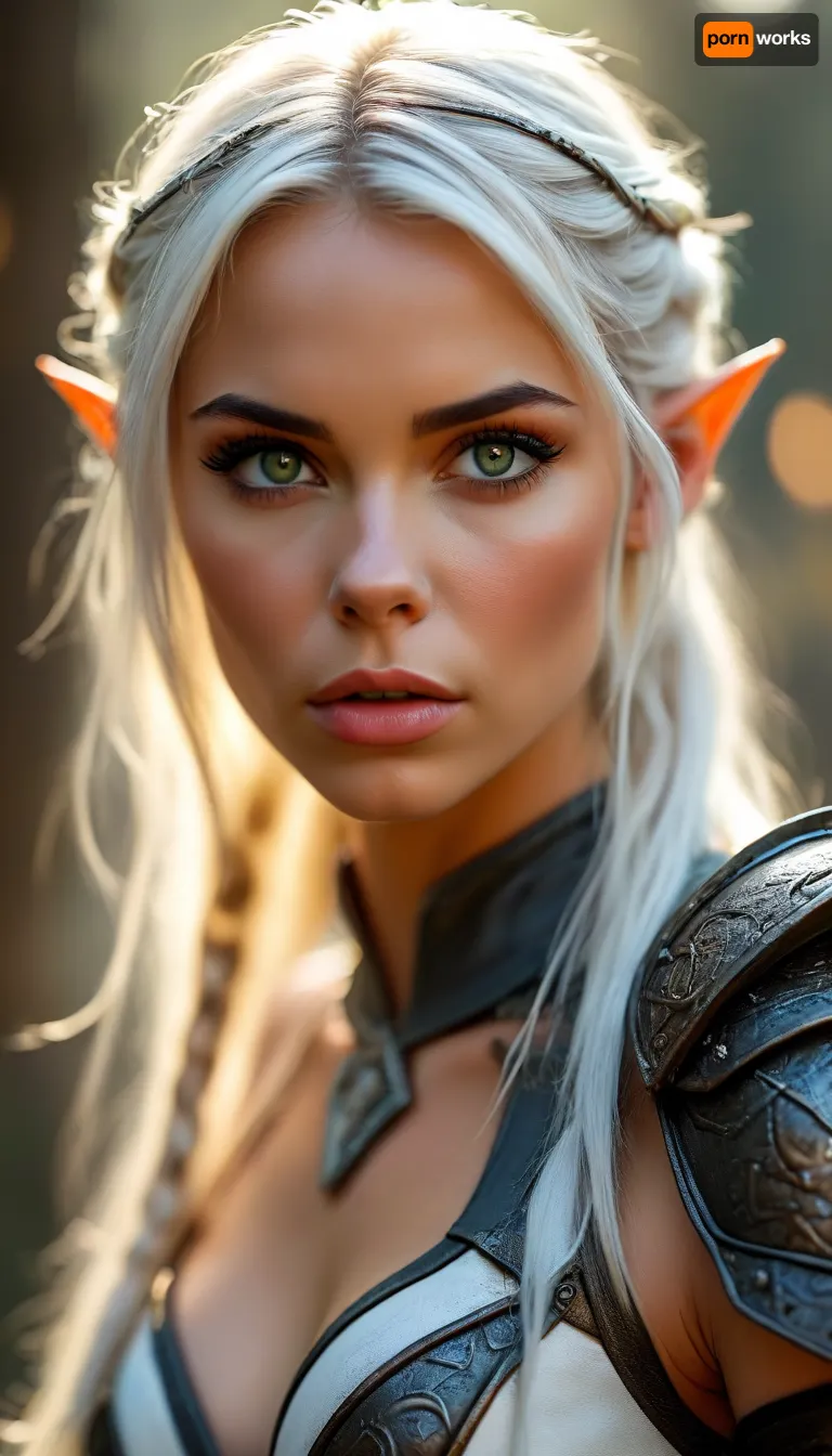 ziprealism, (warrior Elvish woman wearing intricate leather armor, elf ears, pointy ears, muscular body, muscular shoulders), (f/2.8 shallow depth of field, creamy bokeh, flattering action pose, medium full shot, layered composition with subtle foreground, focus on eyes:1.4), (stark white hair, thick voluminous hair, tied back hair, sporty hair, practical hair style:1.4), (catchlights, sharp contrasting limbal rings, large expressive eyes, stunning eyes, long delicate eyelashes, charcoal eyeshadow, perfect eyes, slightly downturned eyes), (full lips, soft lips, moist lips, pouting lips), (fierce expression, warrior pose, sense of determination and strength), (porcelain skin, natural skin texture), <lora:MJ52:.8>, but, <lora:BUT_SDXL_SHS:.8>