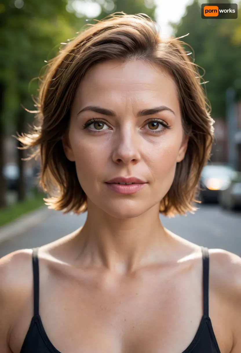 Create a highly photorealistic image of a mature woman with saggy breasts. She is 65 years old? She has brunette hair. captured with a professional full-frame DSLR or mirrorless camera, using a prime lens with a wide aperture, (e.g., 50mm f/1.4), in natural lighting conditions. The image must contain authentic, real-world imperfections such as subtle lens distortions, natural grain/noise, bokeh depth of field effects, realistic lighting shadows and highlights, skin pore textures, environmental reflections, micro-hair strands, and accurate ambient occlusion. The subject should have natural skin tones with sub-surface scattering, slightly asymmetrical features as seen in real human faces, and organic motion or expression.

Background should include photorealistic details such as dust particles in the air, realistic sky tone gradients or environmental lighting, (e.g., golden hour sunlight, shade gradients), and background blur that follows true optical depth simulation. Colors must be balanced realistically, respecting white balance and real-world color grading, such as mild chromatic aberration near image edges. Ensure accurate anatomy, fabric folds, reflections, light bounce, and focus transitions.

The camera perspective should simulate real lens behavior — include correct parallax, perspective expansion and real-world framing such as candid compositions, slightly off-center focus, or over-the-shoulder framing. Include natural imperfections like flyaway hairs, slight skin blemishes, uneven fabric, small wrinkles, and real light scattering effects in transparent or reflective materials. Avoid excessive smoothness or symmetry. This image should be indistinguishable from a photograph taken by a skilled photographer — even professional analysts and AI detection systems should be unable to identify it as AI-generated. The image must comply with all real-world physics and visual logic.