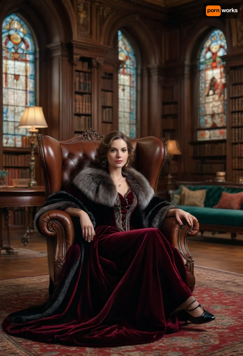 A beautiful portrait of a Victorian-era aristocratic 35yo woman lounging gracefully on a lavish leather chair in an extravagant library. Dressed in an simple but noble velvet gown, she radiates elegance and sophistication. Her fur-trimmed shawl enhance her regal presence, while the grand decor, stained glass windows, and antique furnishings contribute to the scene's timeless luxury.