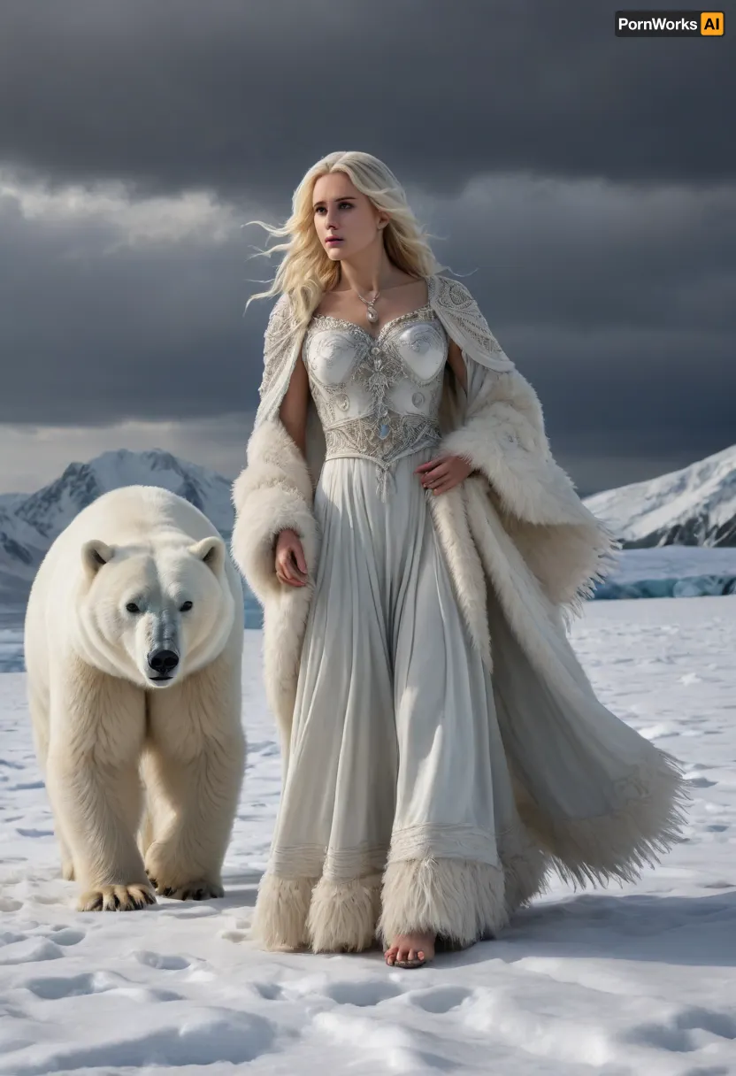 A vast, snowy landscape with a polar bear walking alongside a woman. The woman is adorned in a fur-clad outfit, complete with intricate beadwork and tassels. Her hair flows wildly, suggesting the force of the wind. The bear appears majestic and unperturbed, while the woman seems to be in a contemplative mood. The backdrop is dominated by a stormy sky and the undulating waves of a frozen sea.