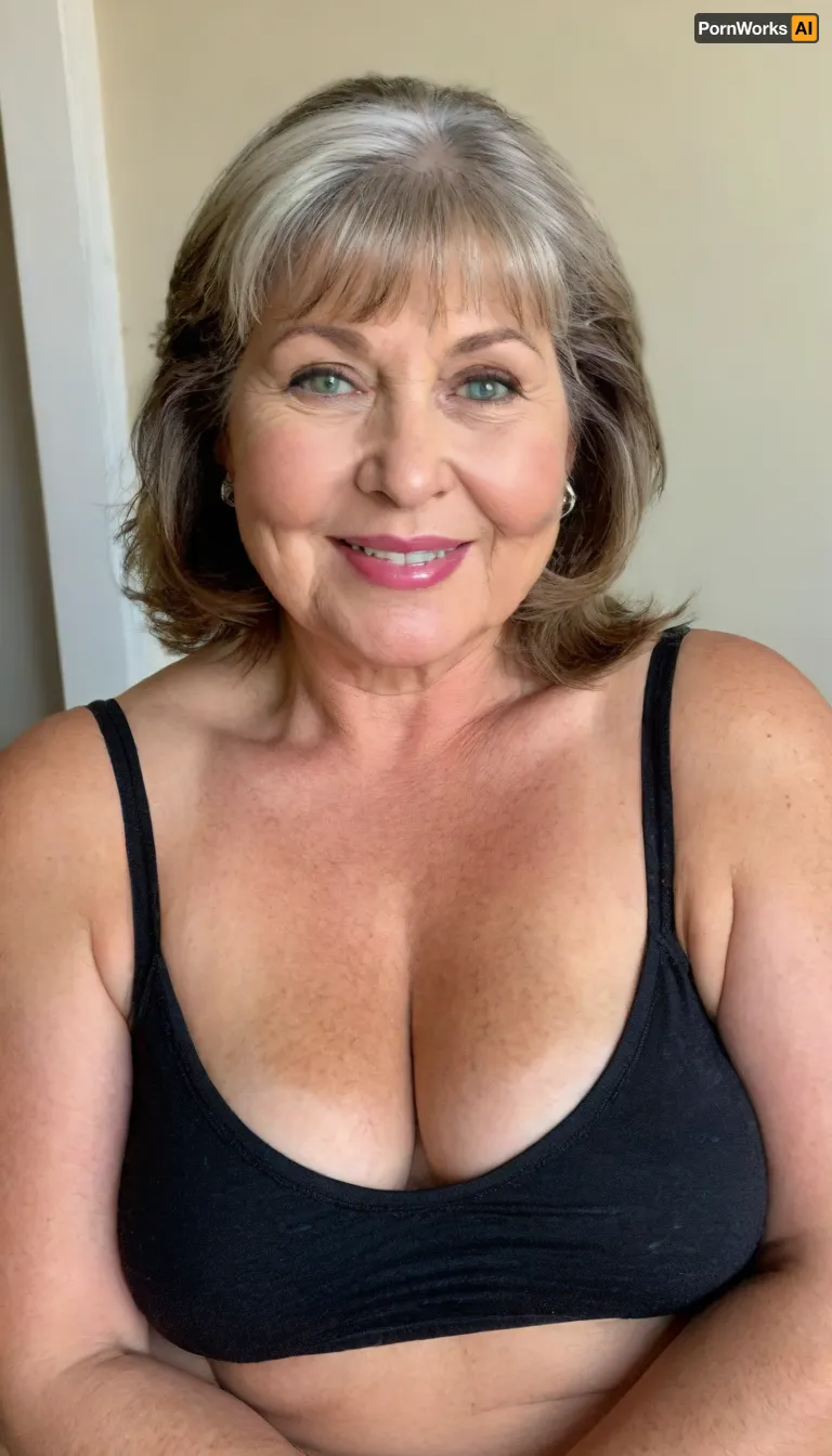 Realistic detailed portrait, (mature:1.2), gilf, short, ((long, brunette hair with silver streaks, bangs)), (mature 65 year old woman:1.3), very realistic, (facial wrinkles:1), soft lightning, looking at viewer, (plump lips), ((smiling)), (big green eyes), ((bright eyes)), (chubby face:1.5), (blank background), studio lighting, intense seductive eye contact, saggy, wearing black loose low-cut sleeveless v-neck spaghetti strap tank top, downblouse, (chubby mature gilf), thick, hard nipples, tan, curvy waist, (stretch marks on breasts), stretch, marks, <lora:stretch_marks:.8>, puffy, nipples, dark, ghost, wide, <lora:Nipples XL:.8>