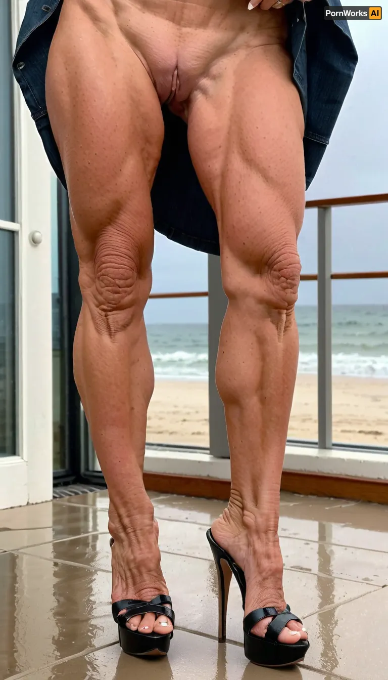 jeans, standing milf, just close up long legs, wearing a tight jeans pant, gilf woman, naked pussy, very old bodybuilding body, big pussy labia, muscular legs in black stiletto platform mules high heels, from front view, muscles stiration, stand broad, strong calves, in penthouse, close up feets, platform mules, on a tield floor, mules, on the beach in the rain, skirtlift, wearing a jean, <lora:skirtlift_xl:.8>