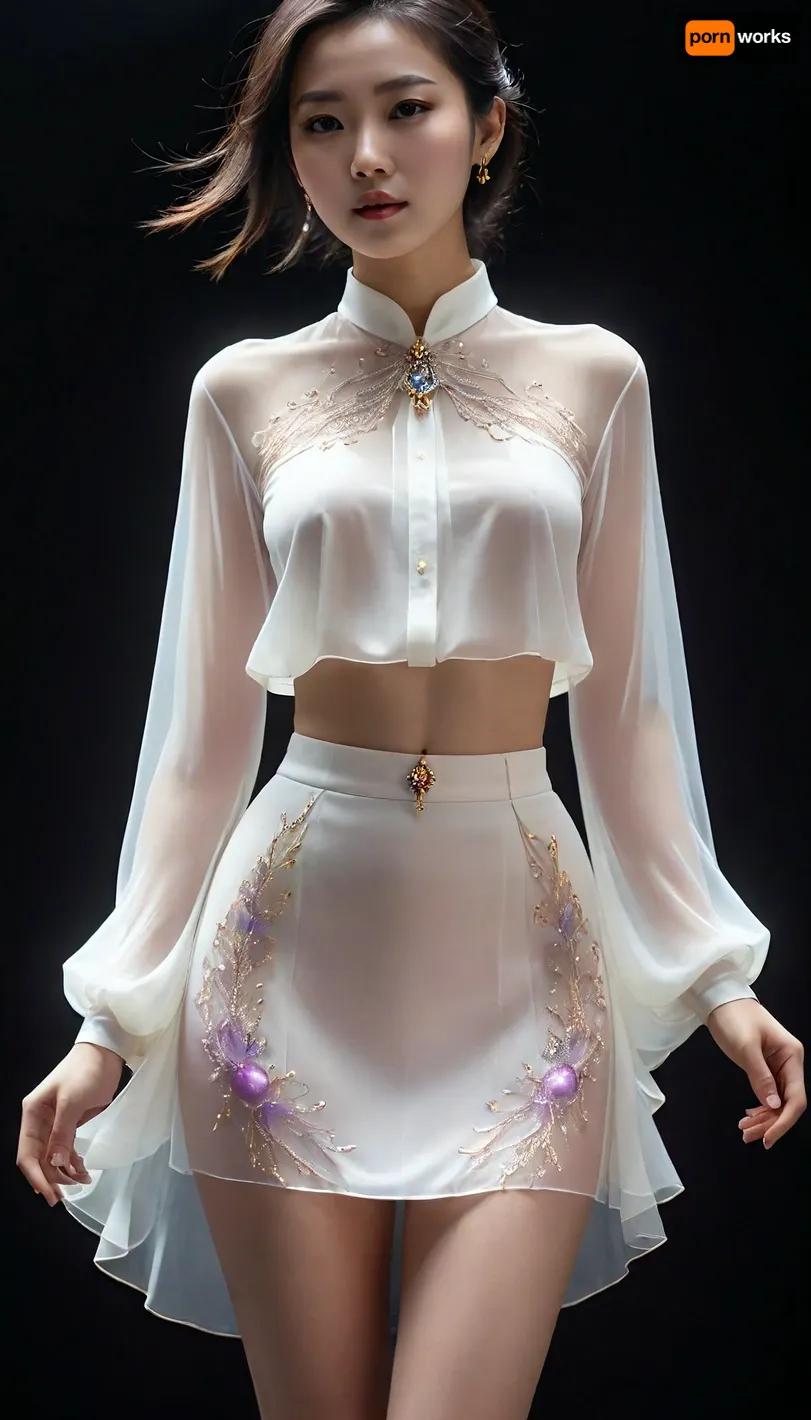 6-12yifu, detailed face, a most beautiful asian women, see-through, white shirt, skirt, gem, phosphophyllite, standing, black background, nude lower body shillouette, <lora:6-12yifu:.7>