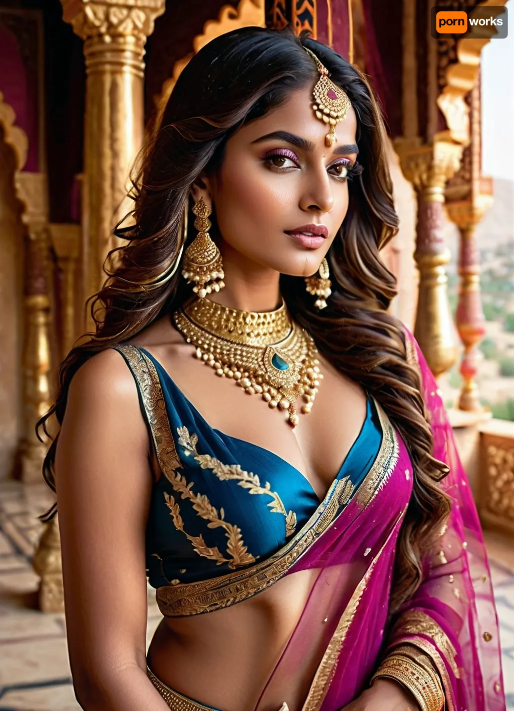 “19 years stunning, glamorous woman in an opulent royal setting, wearing a bold and sensuous fantasy-inspired Indian-style outfit. She poses confidently with her hands behind her head, exuding elegance and power. Her outfit is adorned with intricate gold embroidery, precious gemstones in blue and magenta, and delicate sheer fabric draping gracefully over her hips. She wears traditional Indian jewelry including a maang tikka, choker, earrings, and bangles, all shimmering with golden detail. Her long, wavy hair flows down her shoulders, her makeup is dramatic with bold eyes and lush lips, and the backdrop features rich velvet curtains, carved pillars, and soft magical lighting with sparkling star-like effects, creating a cinematic and luxurious royal atmosphere. Ultra realistic, high detail, 8K, studio lighting, fantasy meets regal glamour.

Let me know if you'd like variations, (e.g. Arabian theme, modern fusion, Cinematic and luxurious, view alutrawide angle, wide angle, full extra wide angle, full portrait, 4k details, extra detail, soft hands, sober face)