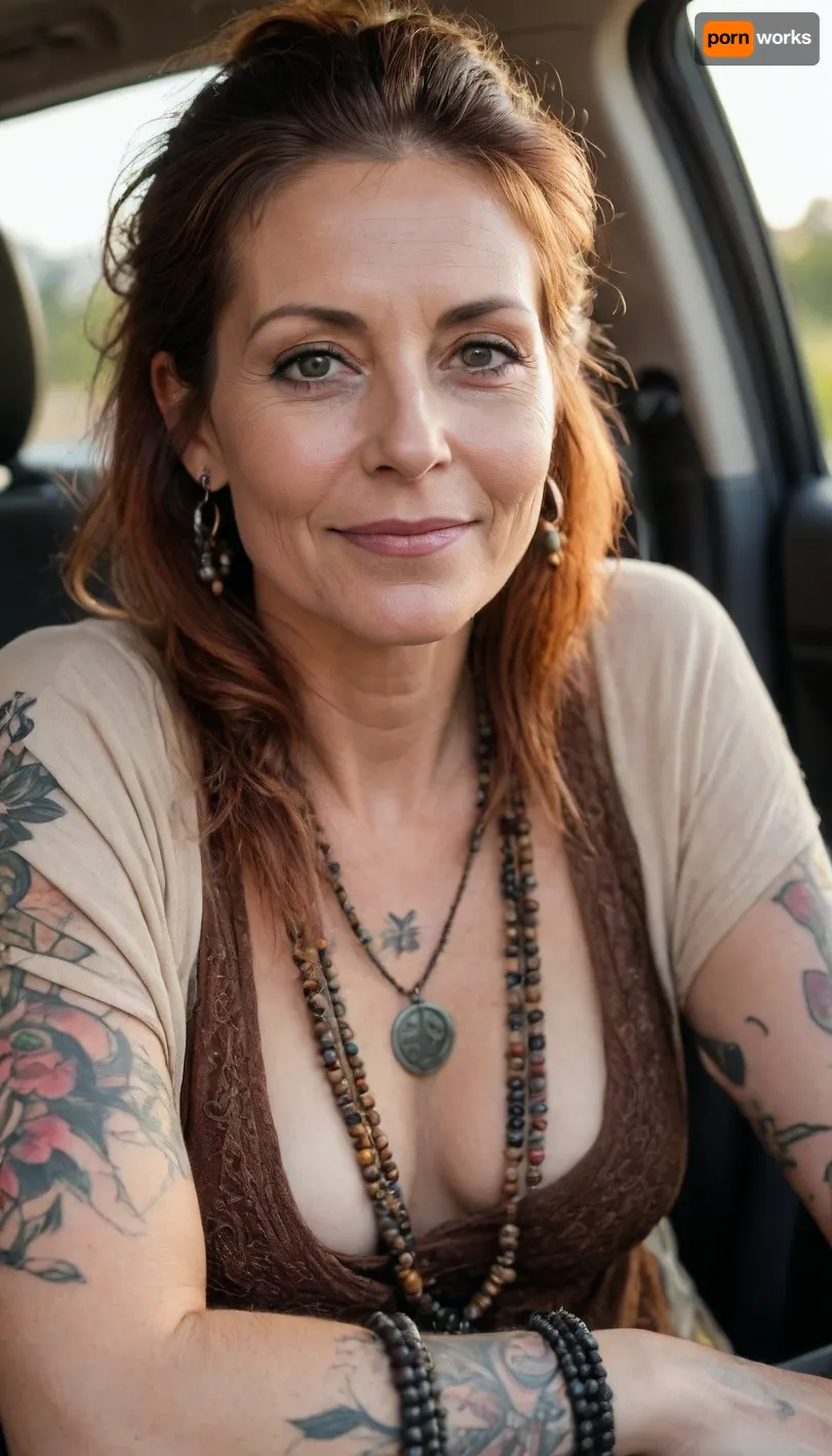 57 yo, (Alt Punk Emo Goth), cinematic photo of one mature woman, (No Makeup), (Happy and smiling), (Many Tattoos), (perfect vibrant eyes), ((black Boho Hippy hairdo)), (bronze tan), (Cream long sleeve Boho blouse deep plunge neckline), (natural saggy breasts, huge oreolas), (beads), innie, closeup, (in car, golden hour), 35mm photograph, film, bokeh, professional, 8k, highly detailed, <lora:add-detail-xl:.7>