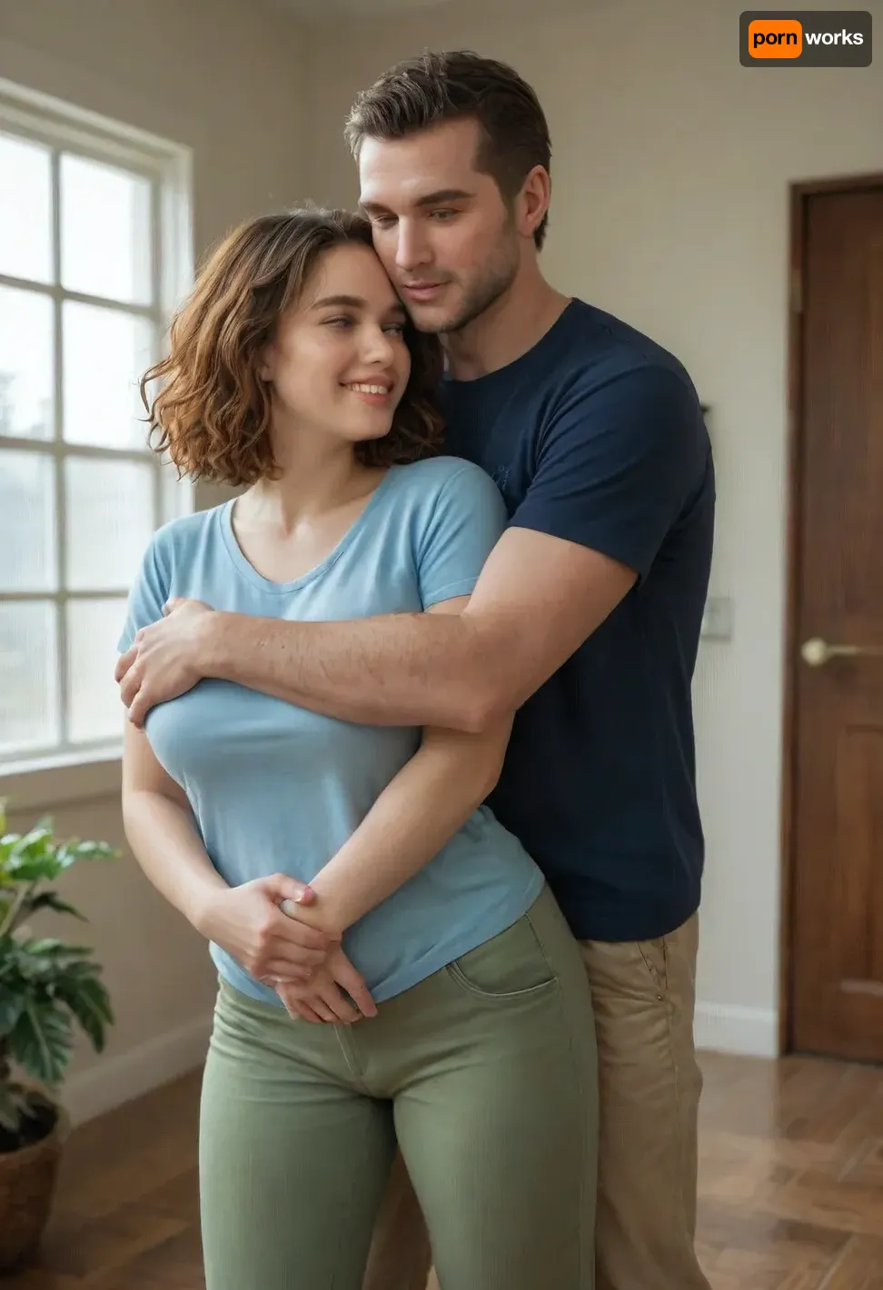 She is facing forward, A man is behind the girl, his arms are around her, standing very close, (((He is fully dressed))), (((She is fully dressed))), She has shoulder-length dark ginger vawy thick and lush hair and is wearing a blue t-shirt and a green shorts. She appears to have an average a little plump broad build with a fat belly. 160 cm tall. The woman is smiling peacefully. The man’s expression is gentle. He is wearing house pants and a t-shirt, man is 35 yo, man is 175 cm tall, she is 35 yo, She has a large breast, (((E cup))), NEGATIVE_HANDS, hugging, <lora:HandFineTuning_XL:.8>, A voluptuous girl, (big busty curved), standing holding her hugged from behind, (snuggling hugging), best quality