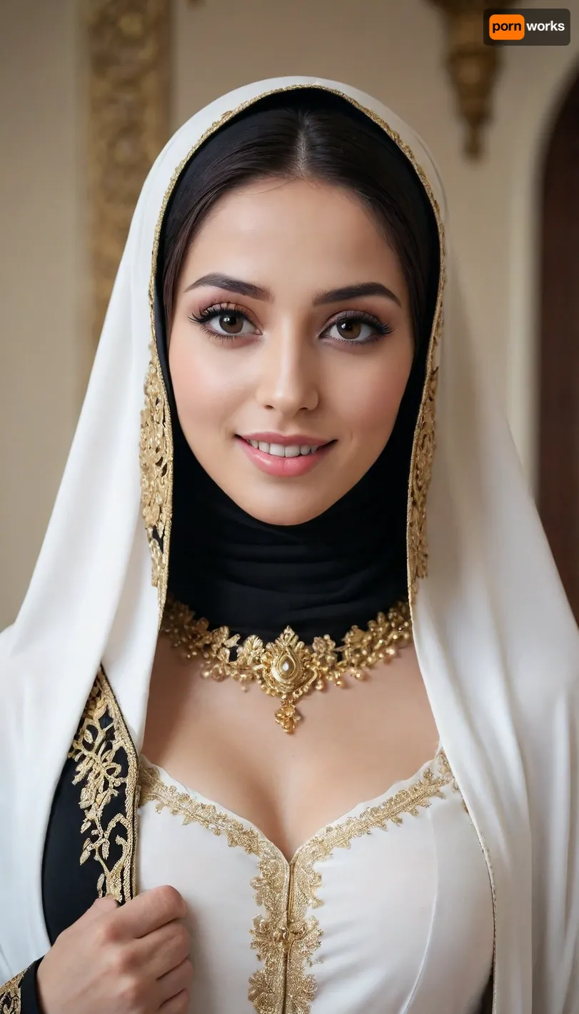 a woman dressed in a traditional Islamic outfit, adorned with a black hijab and a black abaya. The woman's dress is adorned with gold embroidery, adding a touch of luxury to her outfit. The backdrop is a stark white wall, creating a stark contrast to the woman's outfit. Face Detail, Enhanced Beauty, Smile, Realistic Model, Beautiful Face, Hot Body, Sexy Body, Man, Attractive, Handsome Boy, Enhanced all details, Extremely Beautiful, Gorgeous, Pretty Face, Attractive Figure, Mystical Beauty, Sexy Anime Girl, Hot Anime, Hot body, Attractive Body