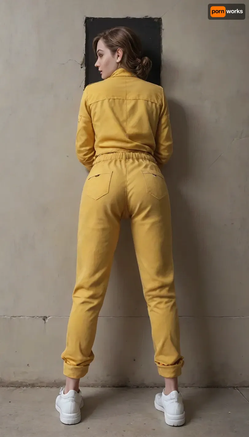April Onil, in a yellow jumpsuit with pockets, white pumps, sticking into the wall, stuck into the wall through, only her ass and legs sticking out of the wall, rear view, full body view