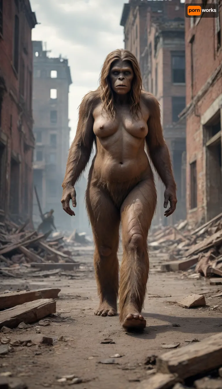 Female Bigfoot .Masterpiece, highly detailed, high quality, full body photoshoot, hdr, 4k, A post-apocalyptic landscape, a thin big foot, The female bigfoot in tattered clothes making her way through the ruins of a city, and dead bodies lying around