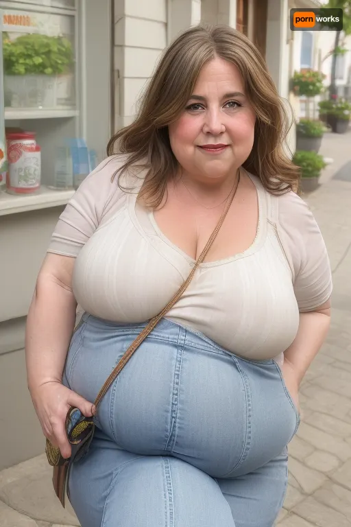 (obese:1.5), (mature:1.5), 50 year old mature woman, milf, RAW photo, subject, (high detailed skin:1.1), wrinkles, 8k uhd, soft lighting, light sleeveless spaghetti strap t-shirt, highwaist jeans, fupa, high quality, film grain, Fujifilm XT3, brunette hair, fair skin, full body portrait, (show full face), professional portrait, cleavage, (purse strap in between sagging breasts, strap connected to her purse), <lora:paislash-10:.5>, <lora:weight_slider_v2:.8>