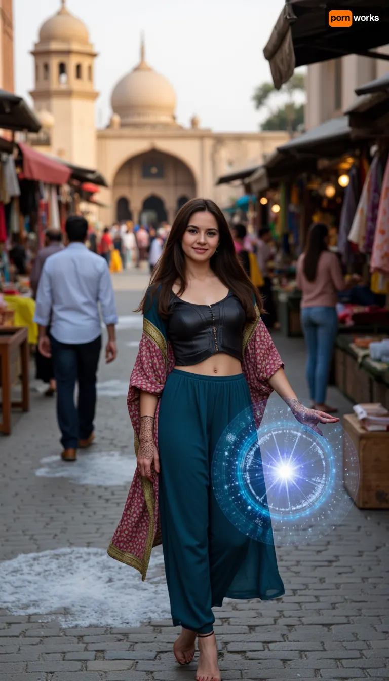 A captivating and powerful Basheera, a modern-day Pakistani woman with a mystical twist, standing confidently in the bustling heart of Lahore. Draped in a fusion of traditional and contemporary clothing, her eyes sparkle with an ethereal frost as she gracefully holds a glowing, time-stopping amulet. The vibrant market scene around her is frozen in mid-motion, merchants' hands hover over their goods, people are caught mid-laugh, and a swirl of colorful fabrics is suspended in the air. Her long, dark hair billows out slightly as if caught in a sudden breeze, while the intricate henna on her hands forms mesmerizing patterns that seem to dance with the iced-blue light emanating from the amulet. The contrast between her warm, sultry expression and the chilly aura enveloping the scene is palpable. The cobblestone street is coated in a delicate layer of frost, extending from her feet in a radiant circle. The stunning architecture of the Wazir Khan Mosque looms majestically in the background, untouched by time's hold, as the setting sun casts a dramatic golden glow over the frozen tableau. Her presence is both alluring and commanding, hinting at the ancient secrets she holds in her grasp, while the stillness of the moment whispers of the profound impact she wields. The caption beneath the image reads, "Basheera, the Timefreezer – A sexy, enigmatic force bringing a chilling pause to the pulse of the city."